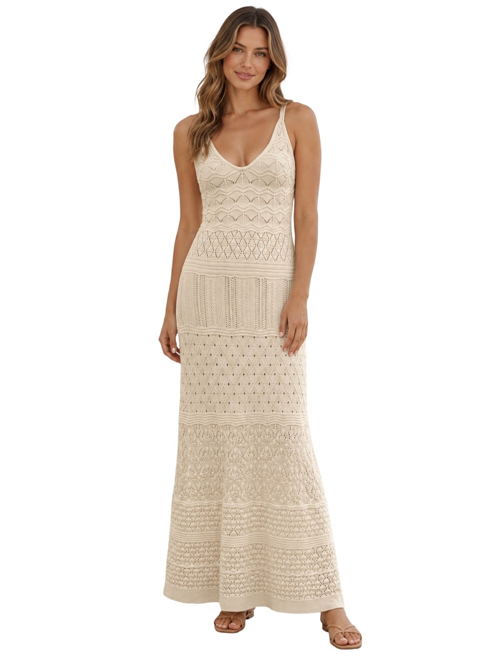 NWT Caroline Constas Openwork Pointelle Crochet lace Knit Maxi Dress Ivory Med